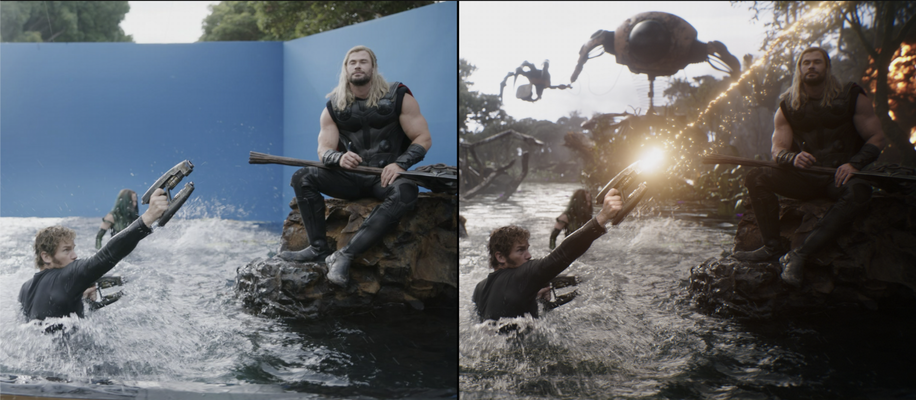 A before-and-after visual-effects comparison from Thor: Love and Thunder, showing the blue-screen plate beside the finished environment